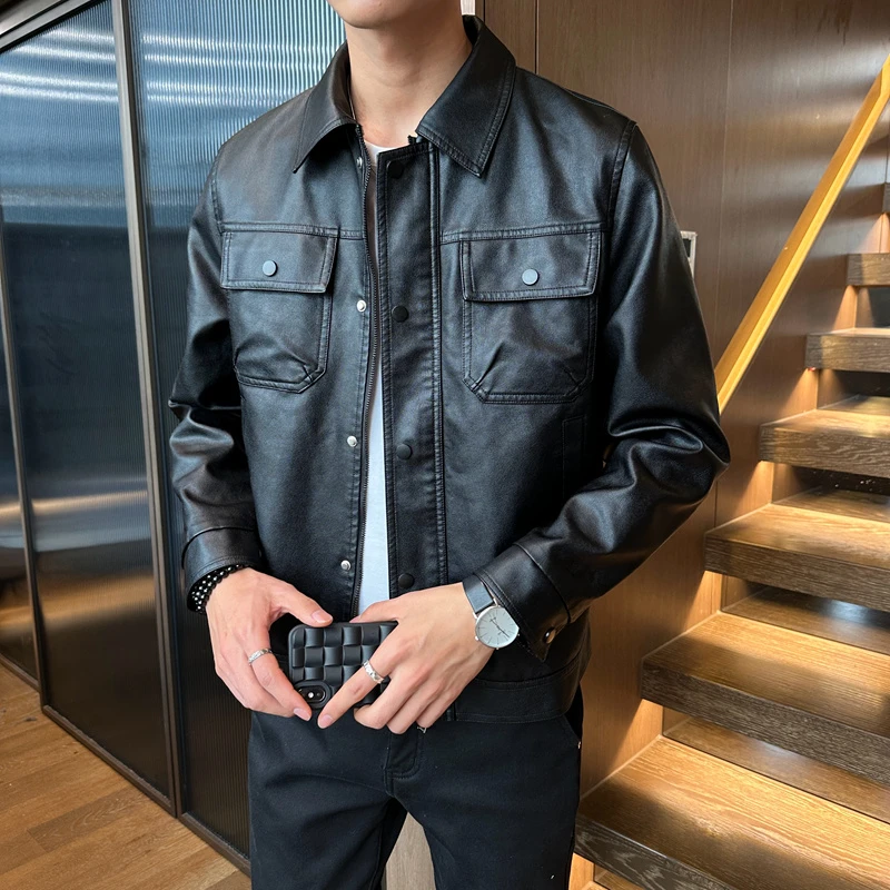 真维斯秋季机车外套男款休闲潮牌男士翻领皮夹克上衣修身百搭皮衣