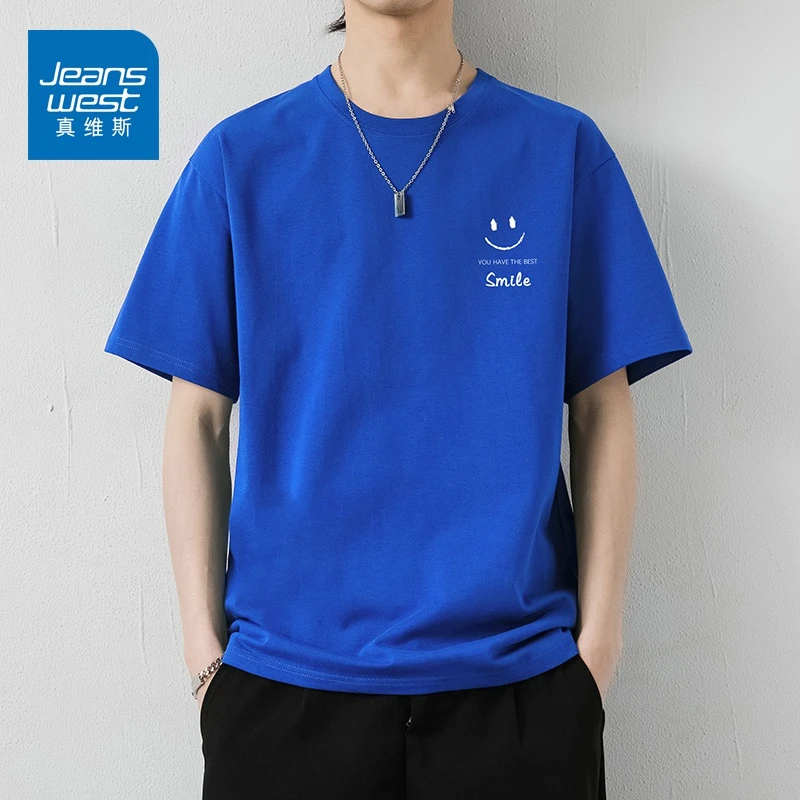真维斯秋季短袖t恤男士纯棉笑脸印花圆领打底衫百搭宽松半袖T恤男