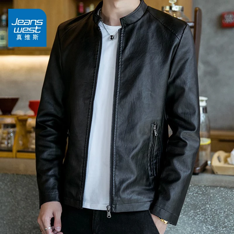 Jeanswest/真维斯2023早秋款男士皮衣修身立领夹克潮流机车服早秋
