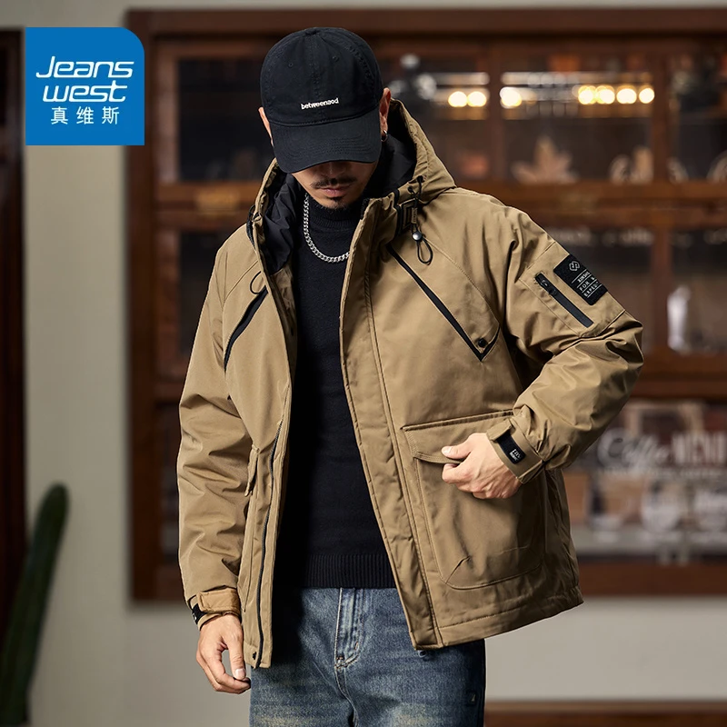 真维斯棉服秋季夹棉冲锋衣连帽外套男棉衣早秋款美式工装复古男士