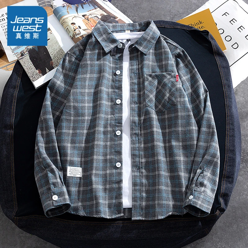 Jeanswest/真维斯春秋新款男士休闲衬衫港风日系痞帅格子长袖衬衣
