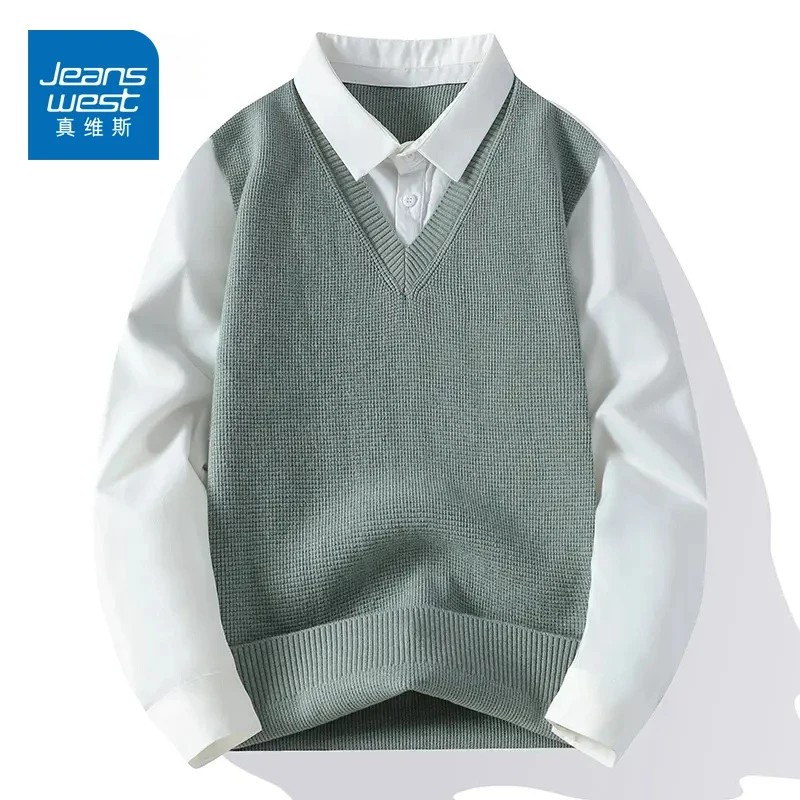 真维斯早秋新款休闲衬衫领百搭假两件休闲修身针织衫打底毛衣男款