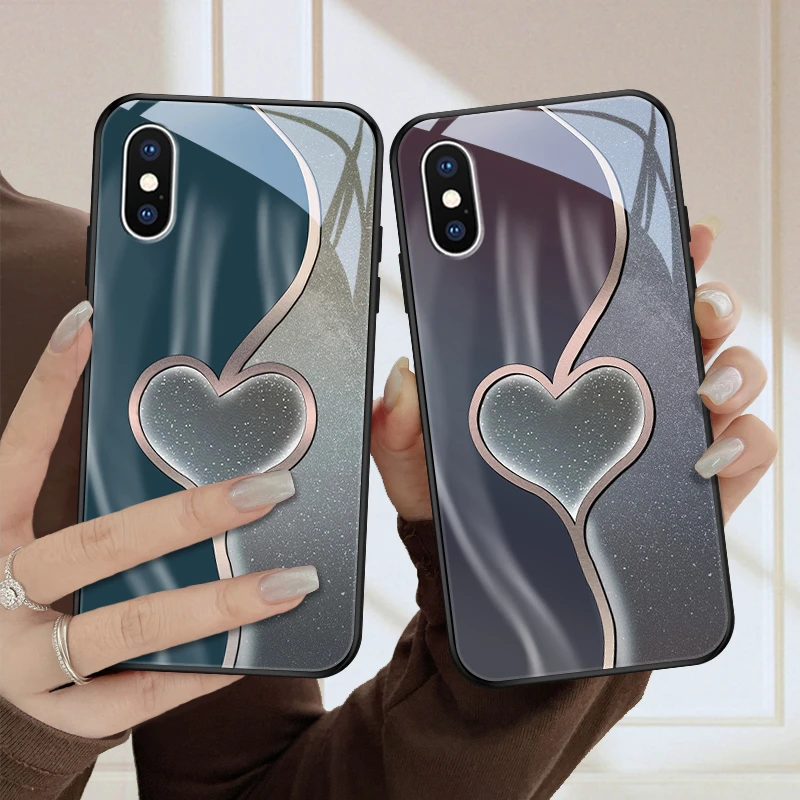 流线爱心适用苹果x手机壳iPhoneXS女款情侣保护套苹果XR玻璃壳小