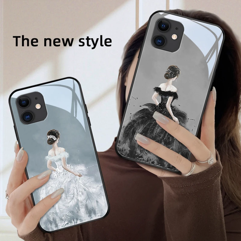 气质女神适用苹果12手机壳iPhone12pro玻璃壳12mini新款情侣保护