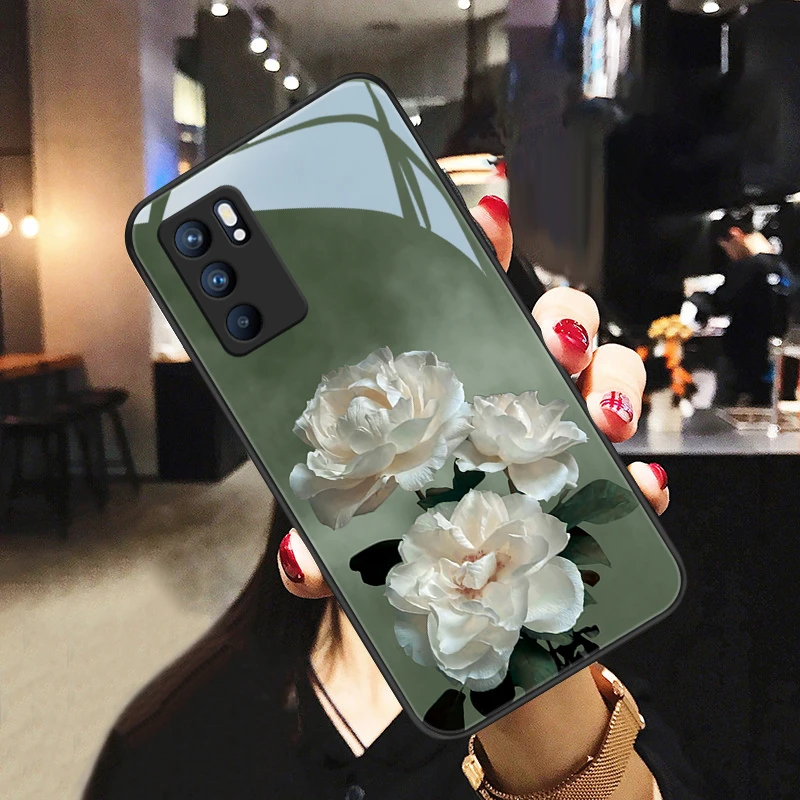 清香花适用opporeno6pro手机壳Reno6玻璃壳优雅女款高级reno6pro+