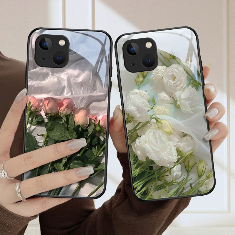 恬静花适用苹果14手机壳iPhone14pro玻璃壳14max全包硅胶防摔小众