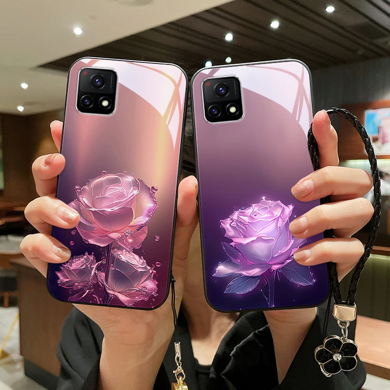 蔷薇玫瑰适用vivoy52s手机壳y53s玻璃vivoy55s全包创意Y51s防摔女