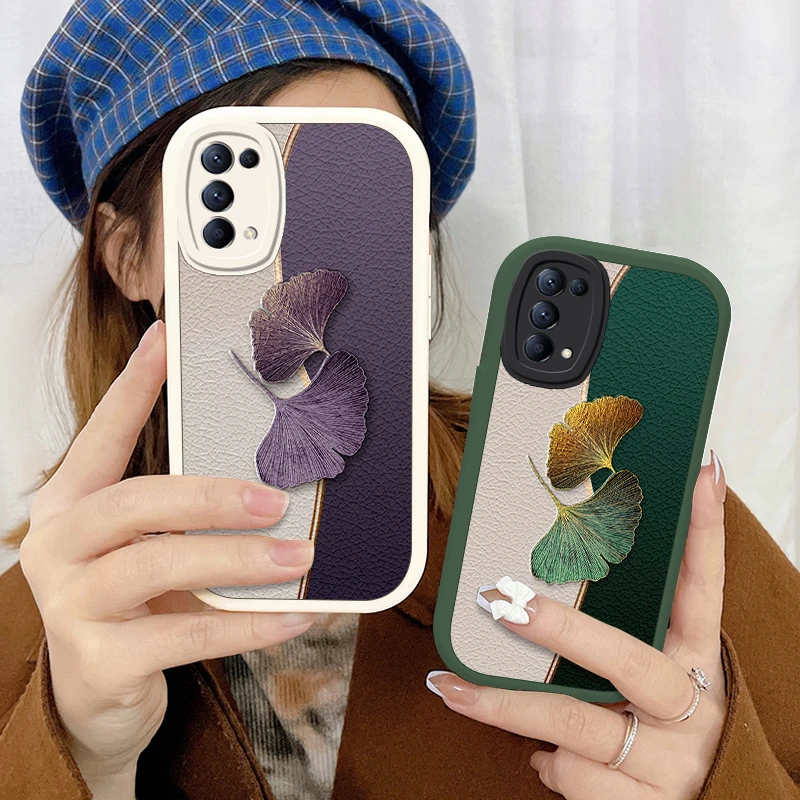 彩色银杏opporeno5手机壳Reno5pro镜头全包5k小羊皮5pro十女款男