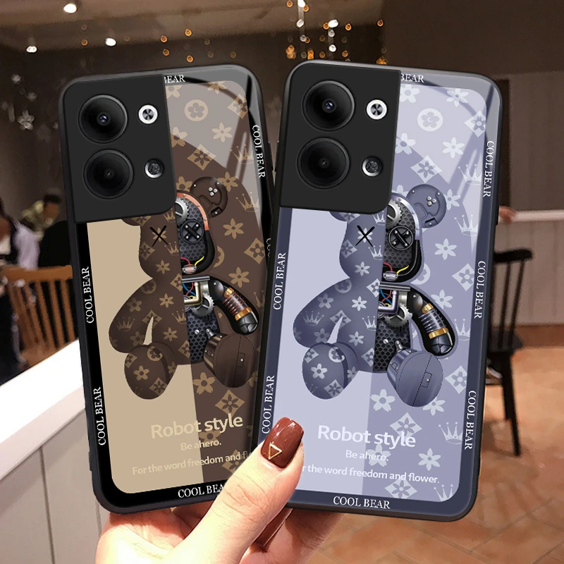 潮牌小熊opporeno9手机壳Reno9pro玻璃壳可爱镜面高级保护套reno9