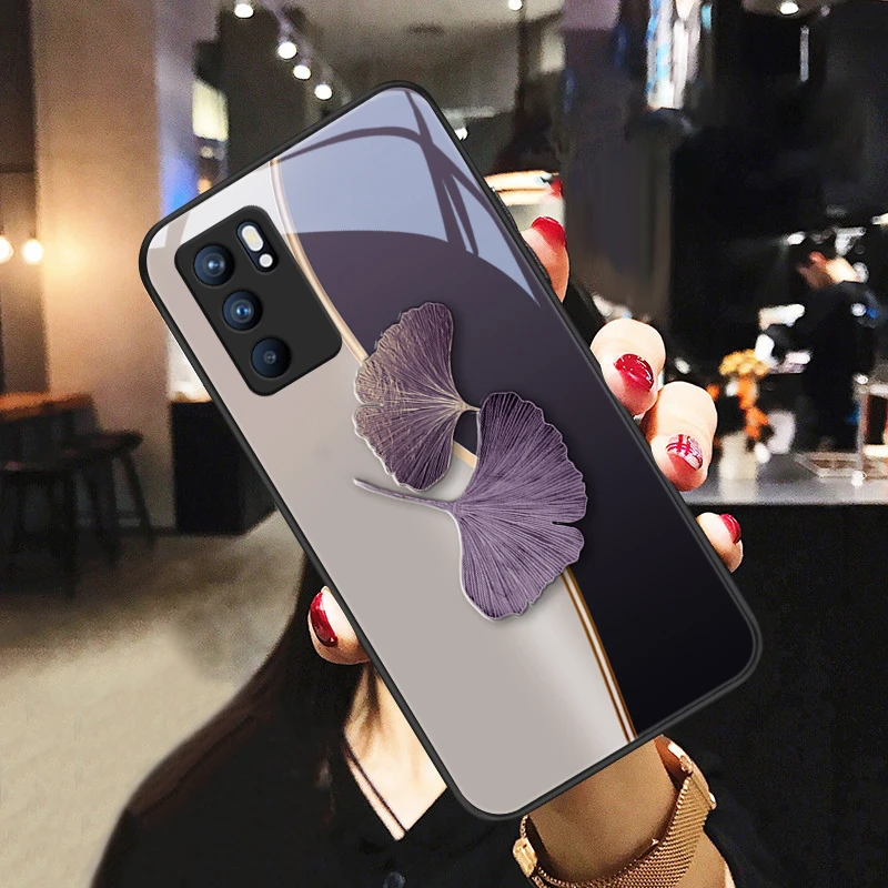 暗紫杏叶适用opporeno6pro手机壳Reno6玻璃女款潮流创意reno6pro+