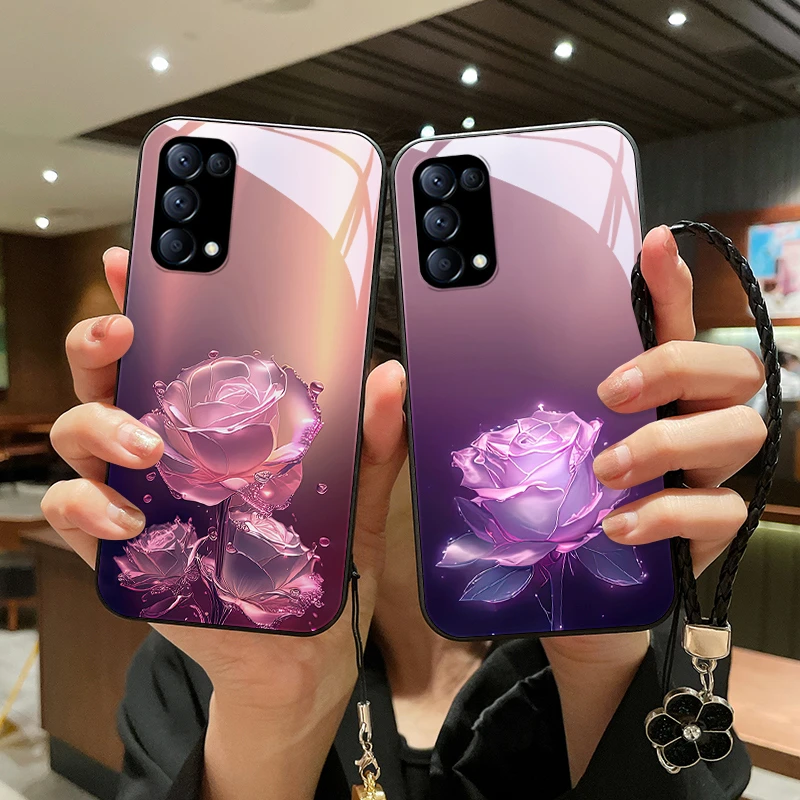 蔷薇玫瑰适用opporeno5pro手机壳Reno5玻璃reno5pro+女款挂绳5k全