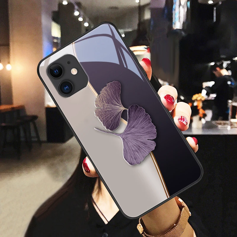 暗紫杏叶适用苹果11手机壳iPhone11pro个性玻璃11promax网红保护