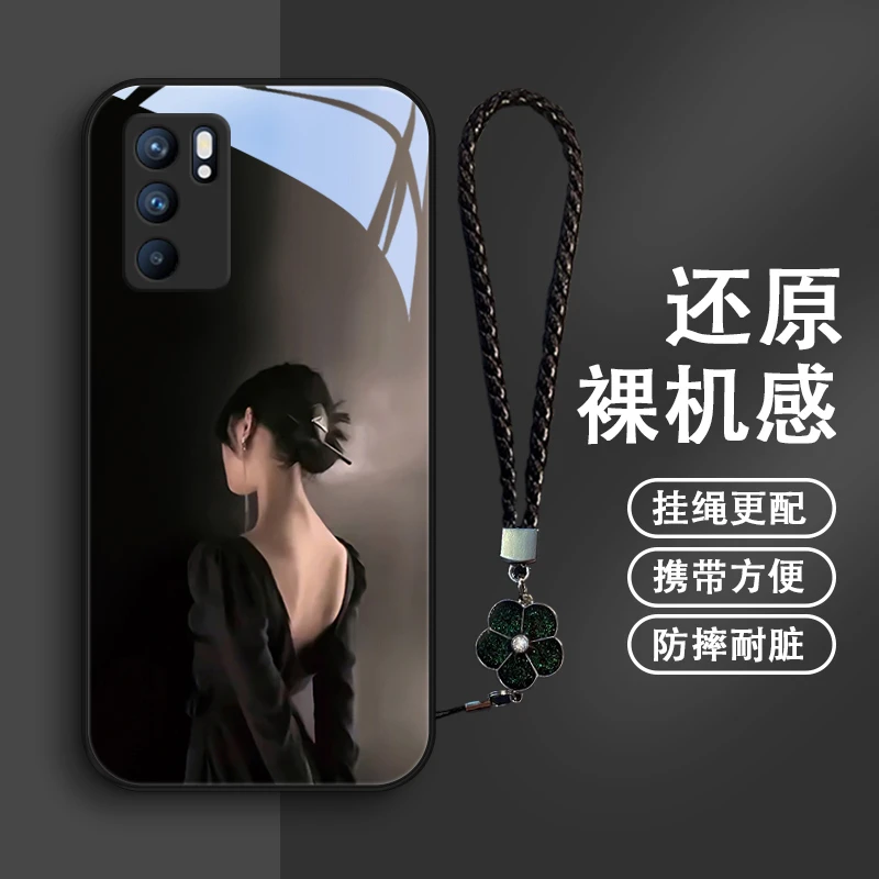 那个女孩适用opporeno6pro手机壳Reno6玻璃女款个性挂绳reno6pro