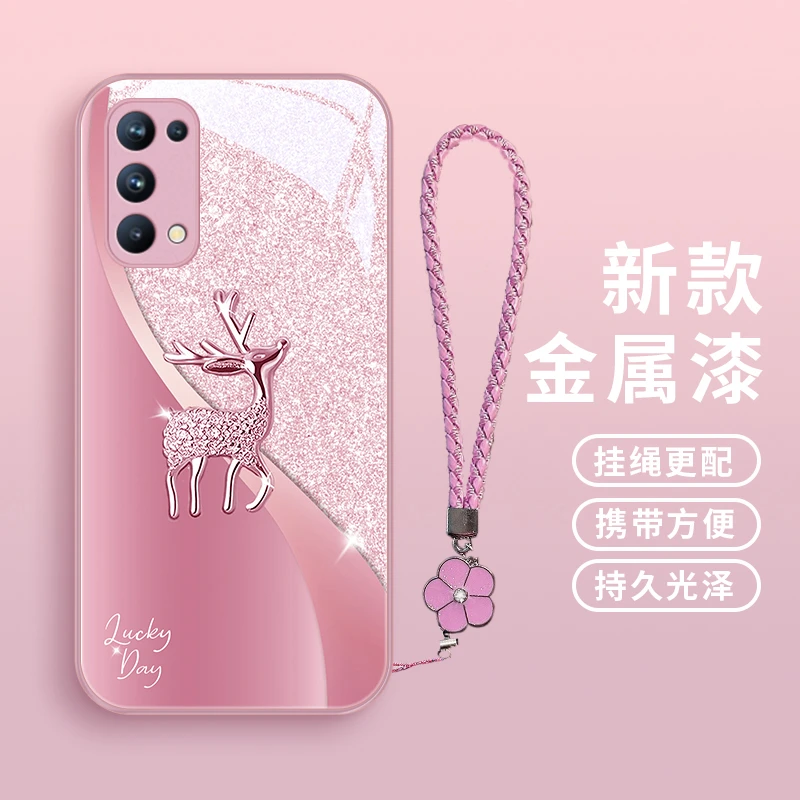 幸运麋鹿适用opporeno5pro手机壳Reno5玻璃情侣reno5k女款挂绳保