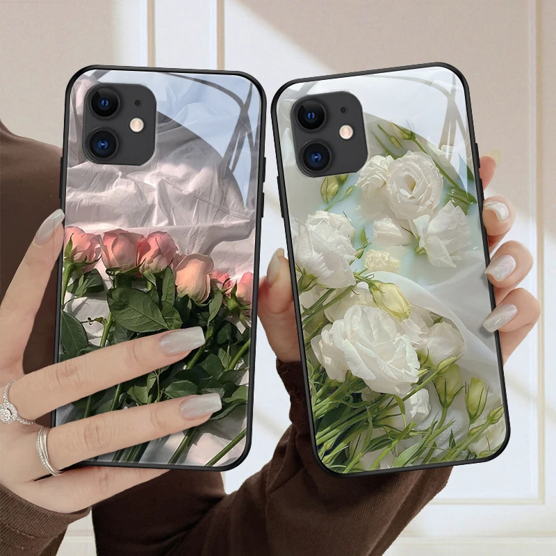 恬静花适用苹果11手机壳iPhone11pro创意情侣玻璃壳11promax小众