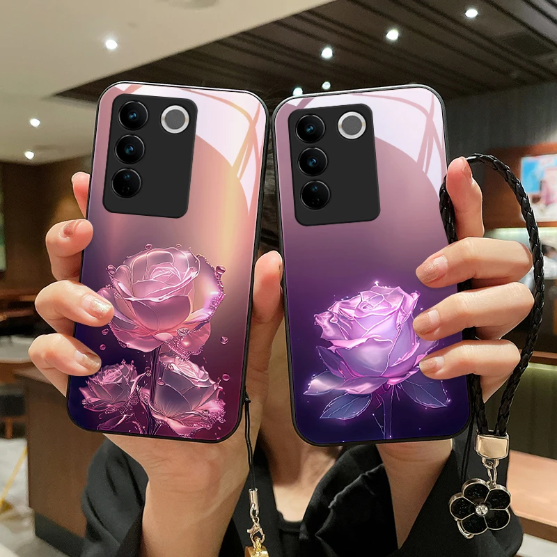 蔷薇玫瑰适用vivos16手机壳S16pro玻璃vivos16e女款情侣保护套挂