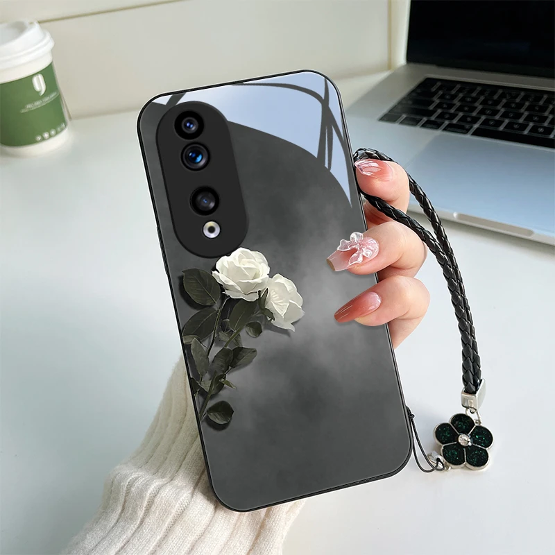 素雅花朵适用华为荣耀90手机壳新款荣耀90pro女款玻璃挂绳爆款保