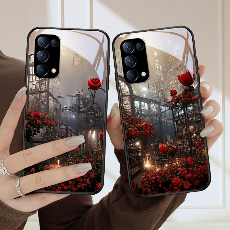 玫瑰城堡opporeno5手机壳Reno5pro玻璃壳reno5pro+创意女款5k全包
