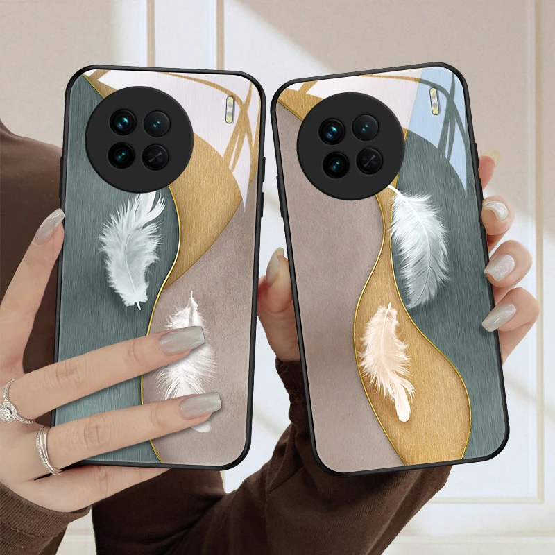 羽毛画适用vivox90手机壳VIVOX90pro玻璃壳保护套高级感x90pro+女