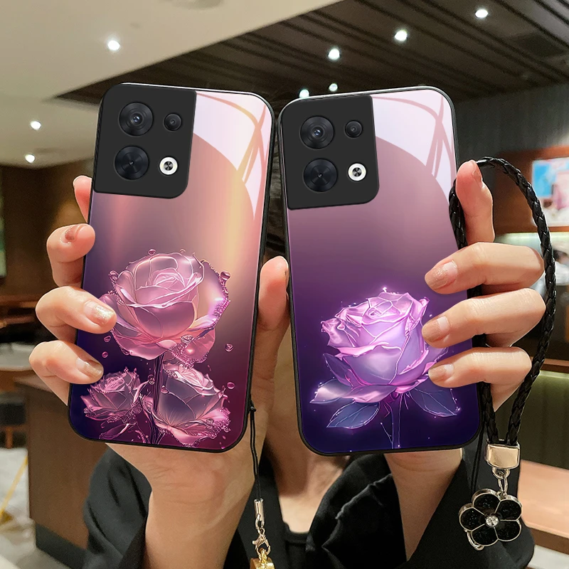蔷薇玫瑰适用opporeno8手机壳Reno8pro玻璃女款挂绳8pro+/十保护