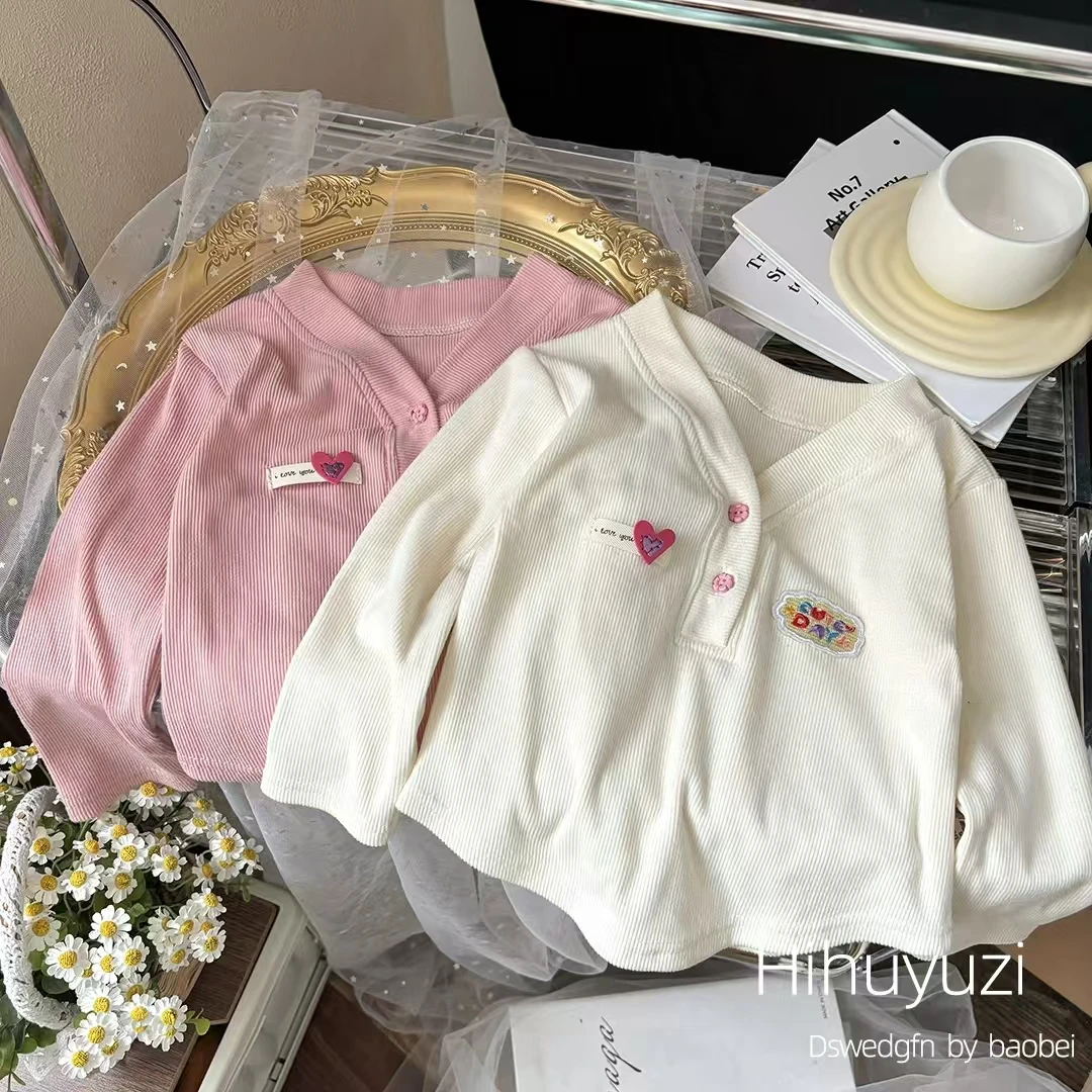 新款坑条彩扣上衣女童开学必备打底衫春秋长袖