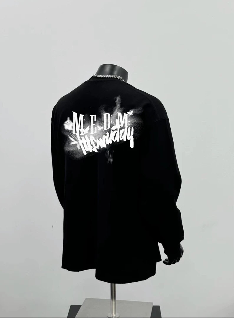 STA.MEDM联名美式模糊字母印花长袖T恤男女宽松情侣打底衫ins内搭