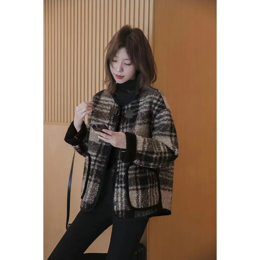 萌萌家 经典格纹小香风拼色加厚外套圈圈毛呢大衣短款2024秋冬