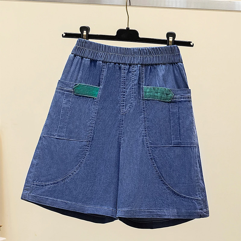春秋季超薄松紧腰冰丝牛仔短裤女胖mm200斤大码宽松显瘦五分哈伦