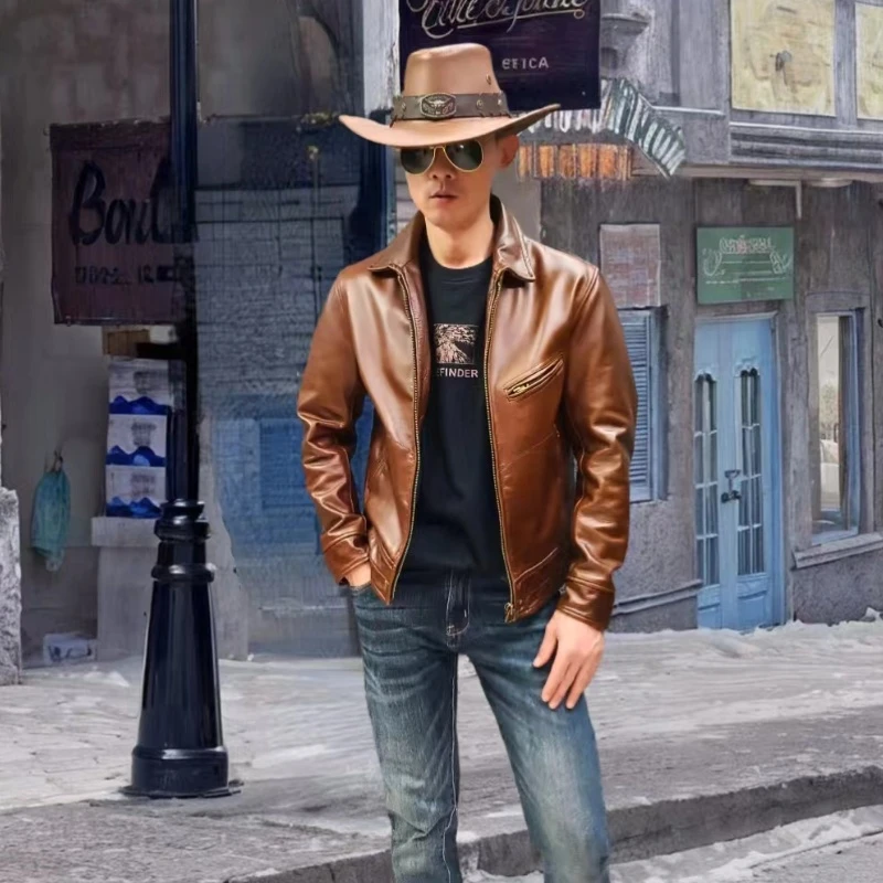 穆赫兰道头层油蜡牛皮男款真皮皮衣外套修身短款经典翻领潮流夹克