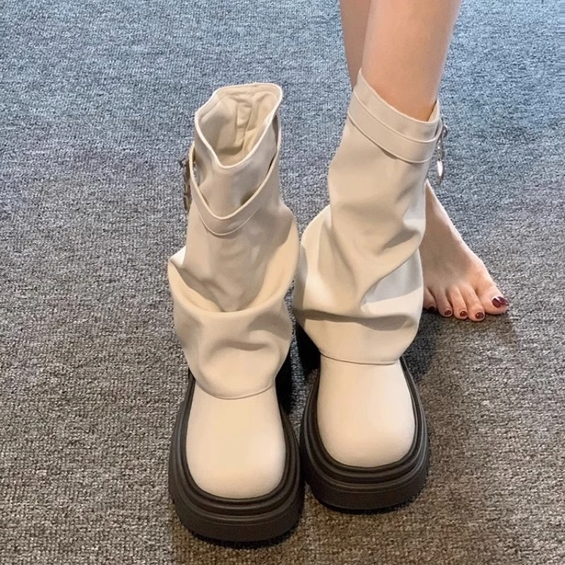白色厚底马丁靴女2023秋季时尚百搭粗跟显瘦瘦瘦靴网红圆头中筒靴