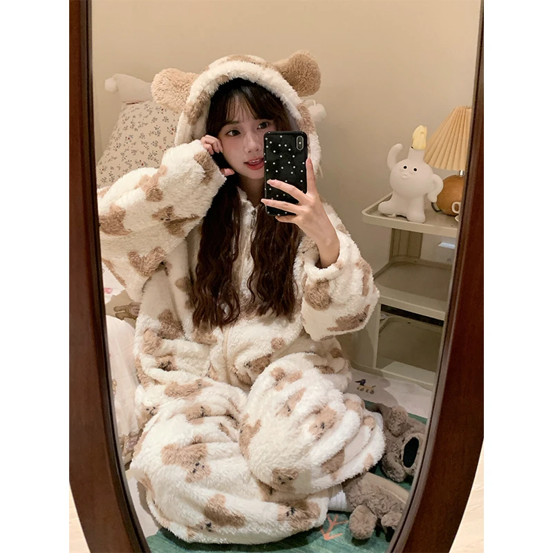 【可爱小熊】毛绒绒珊瑚绒睡衣女冬季加厚保暖一体式家居服连体衣