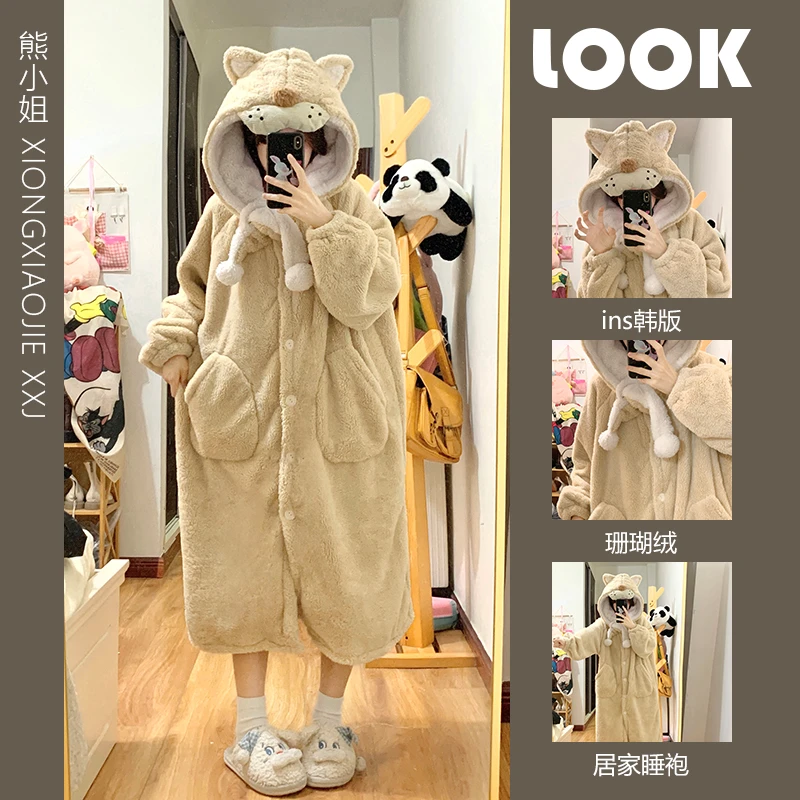 卡通连帽珊瑚绒睡衣女冬款新款加绒加厚毛绒睡袍大码家居睡裙秋冬
