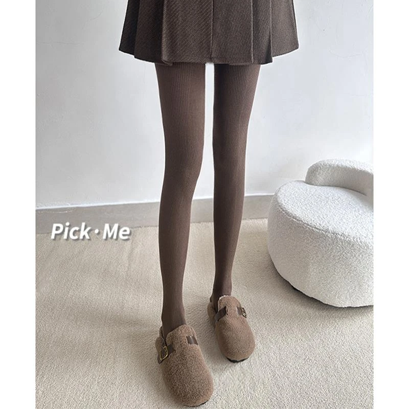 秋冬美拉德深咖色连裤袜女美腿塑型外穿日系米白色竖条灰色打底裤