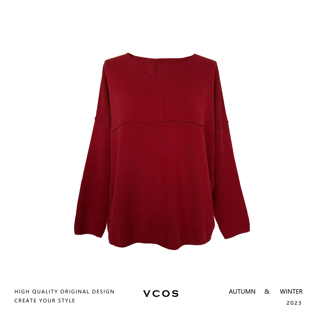 羊绒番茄红V领廓形时尚百搭针织衫