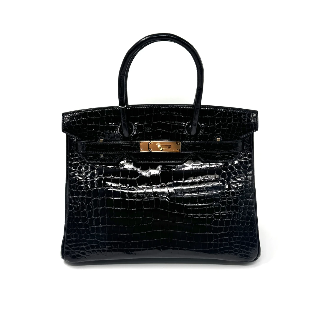 95新 Hermes/爱马仕 爱马仕birkin30 黑金 亮面倒V鳄鱼皮 X刻