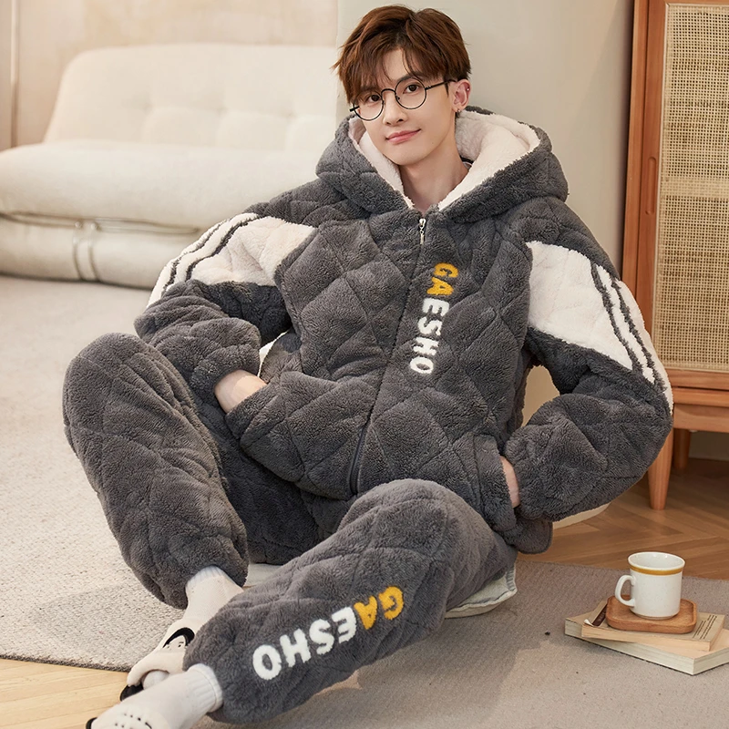 夹棉睡衣男士秋冬款珊瑚绒三层加厚加绒冬季保暖可外出男款家居服