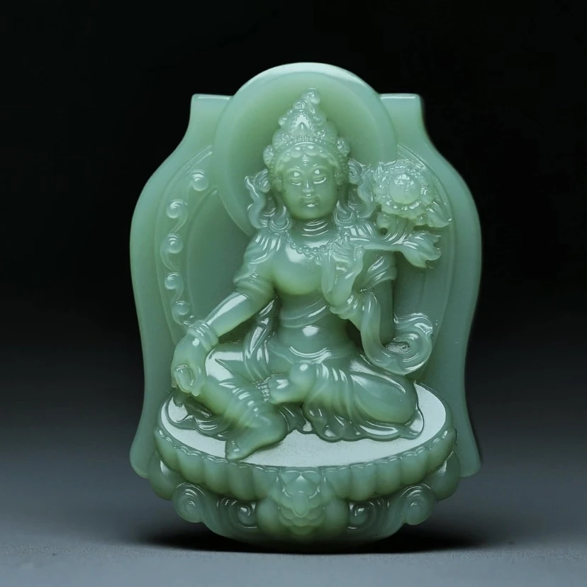 和田玉  俄碧 碧玉粉青 手工雕刻 绿度母观音 吊坠  挂件男女同款