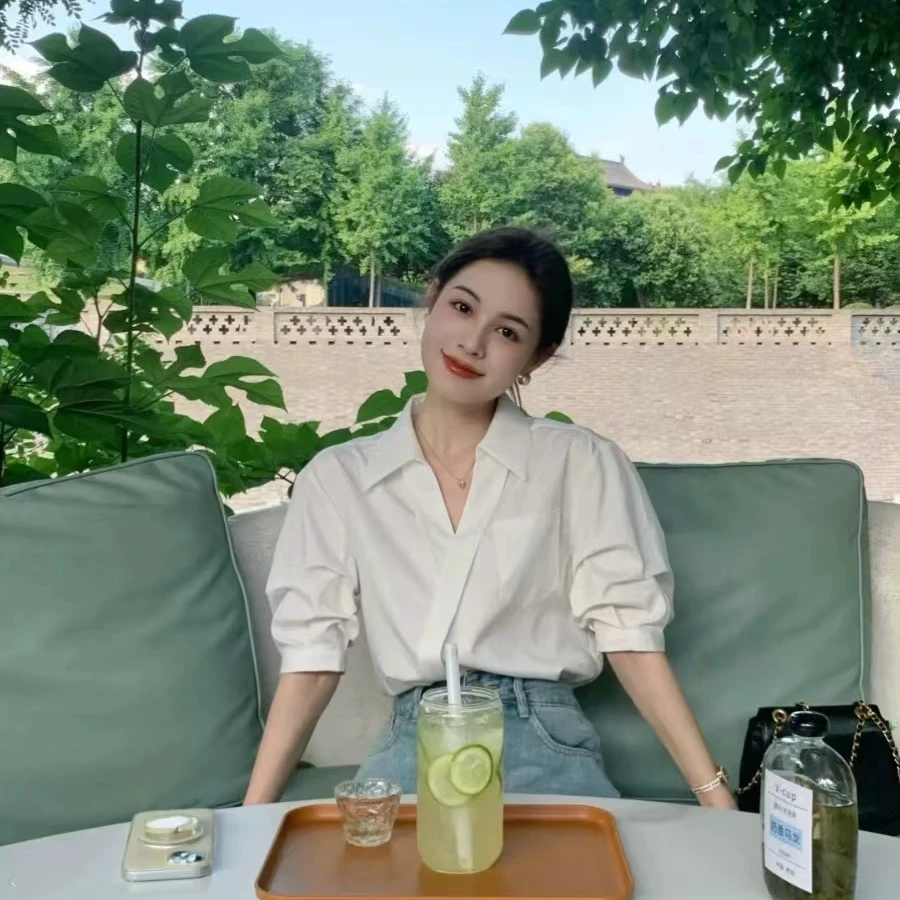 法式高级感白色V领短袖衬衫夏季休闲女气质轻熟上衣衬衣6587#0.1