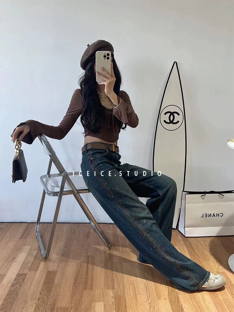 Vinny/35#高腰显瘦字母刺绣烫钻直筒拖地长裤