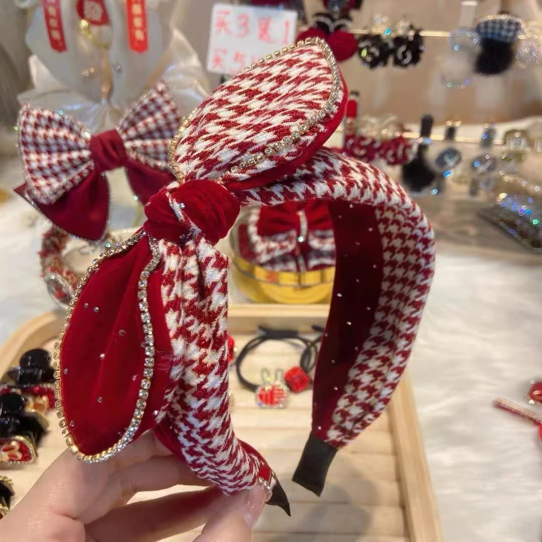 X36新年红千鸟格发箍创意饰品拍照氛围感气质