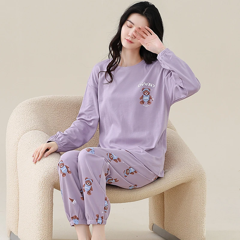 100%纯棉加厚秋冬季长袖睡衣女外穿百搭简约纯棉舒适家居服春秋款