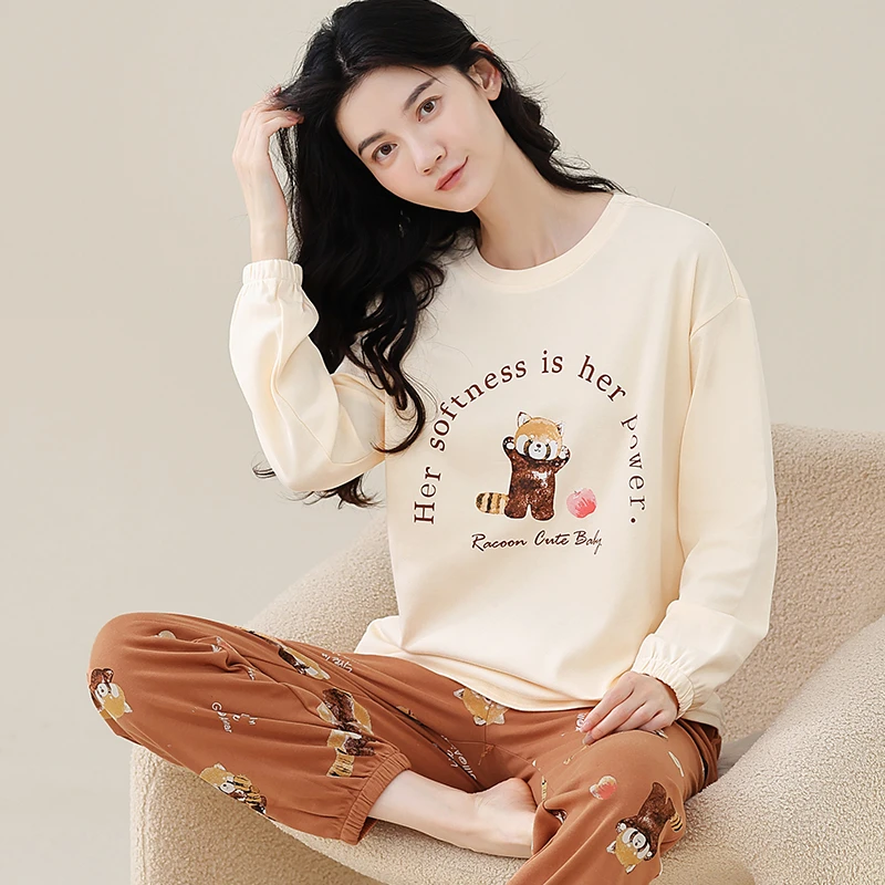 100%纯棉加厚秋冬季长袖睡衣女外穿百搭简约纯棉舒适家居服春秋款