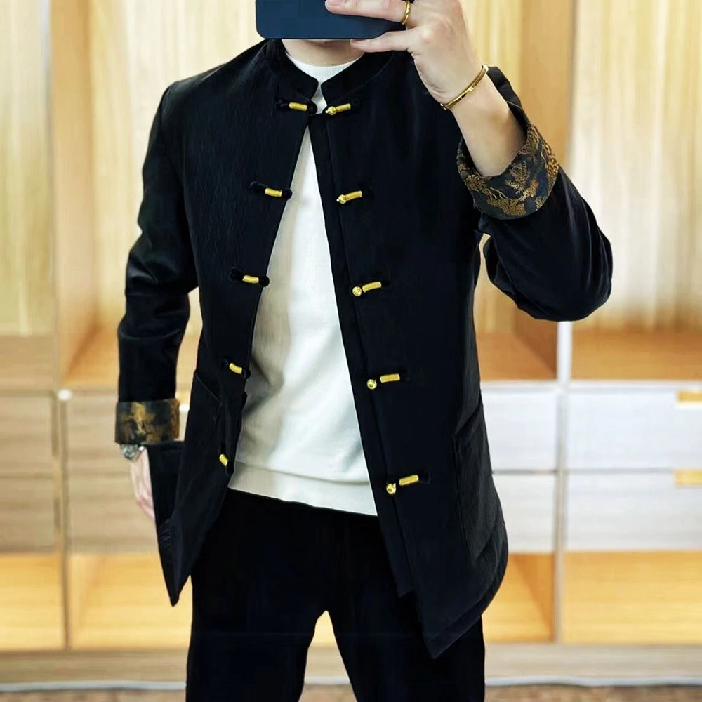 春季新款中山装男士中国风休闲外套2024时尚立领金丝绒唐装套装潮