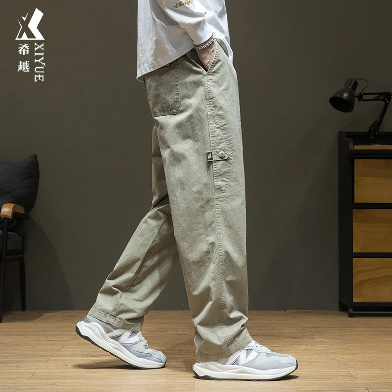 希越纯棉直筒休闲裤男秋季纯色百搭显高拖地裤宽松大码修身阔腿裤