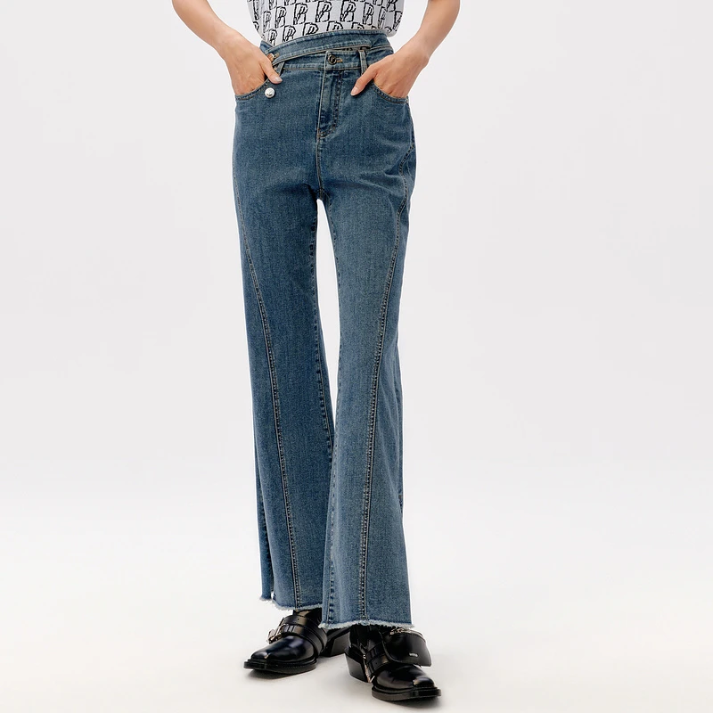 HPLY/荷比俪新品女士时尚不对称腰头亮片喇叭裤牛仔裤HMC11420082