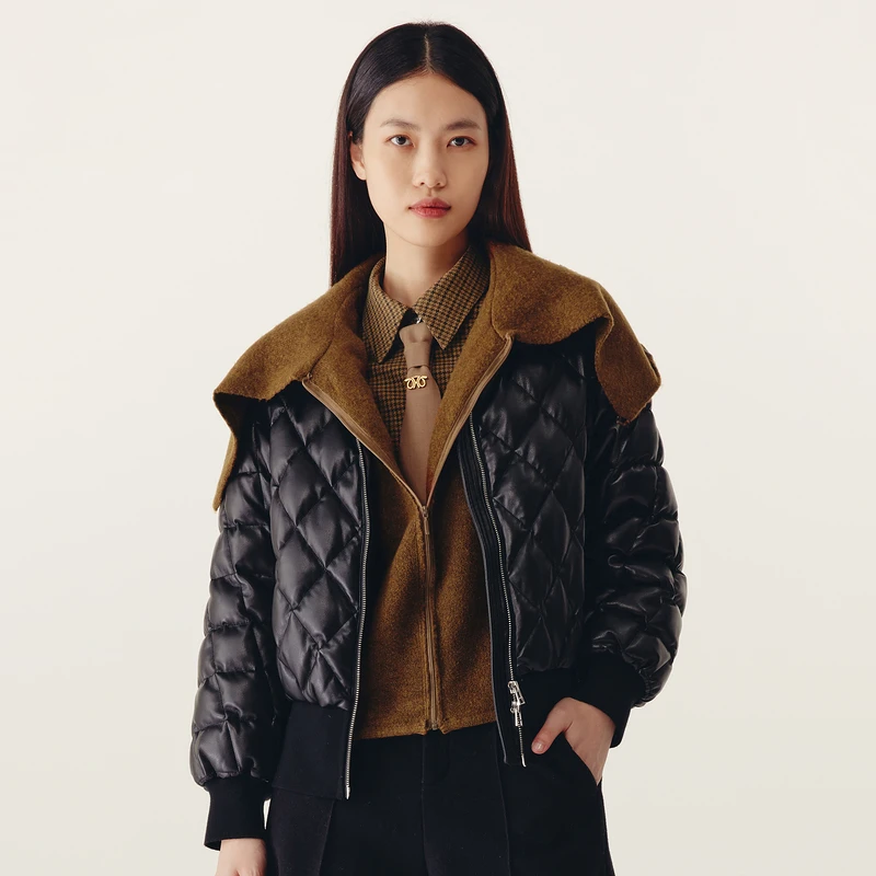 HPLY荷比俪冬新款女菱格纹大衣领罗文下摆羽绒服HYC42560468