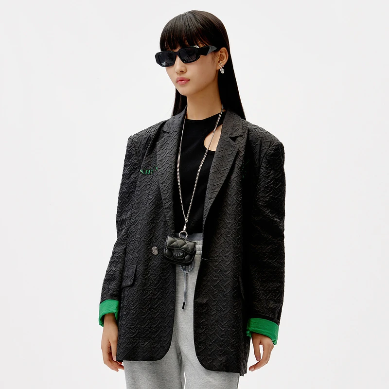 HPLY荷比俪复皱奶茶杯贴标黑色西装宽松秋季西服外套HDC11520013