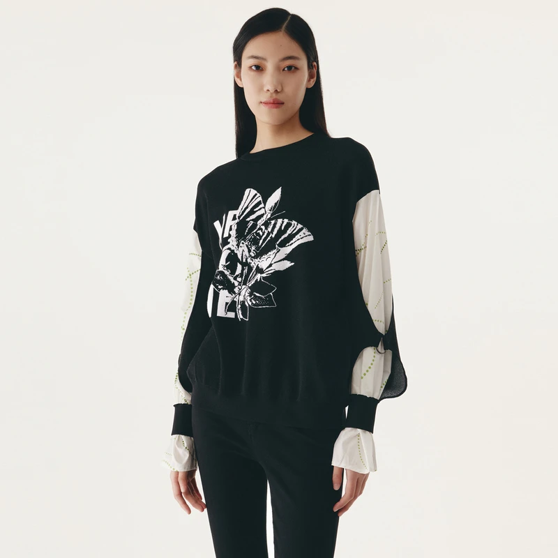 HPLY荷比俪秋冬季新款女拼接提花图案双层袖针织衫HYC32650261