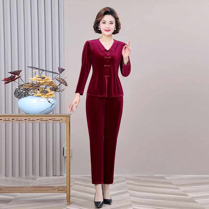 中年秋冬季时尚气质休闲家居服两件套装妈妈装长袖修身丝绒套装