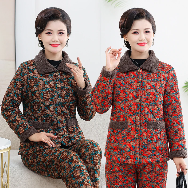 秋冬季中年女士加绒加厚保暖棉袄家居服老太太老人妈妈装睡衣套装